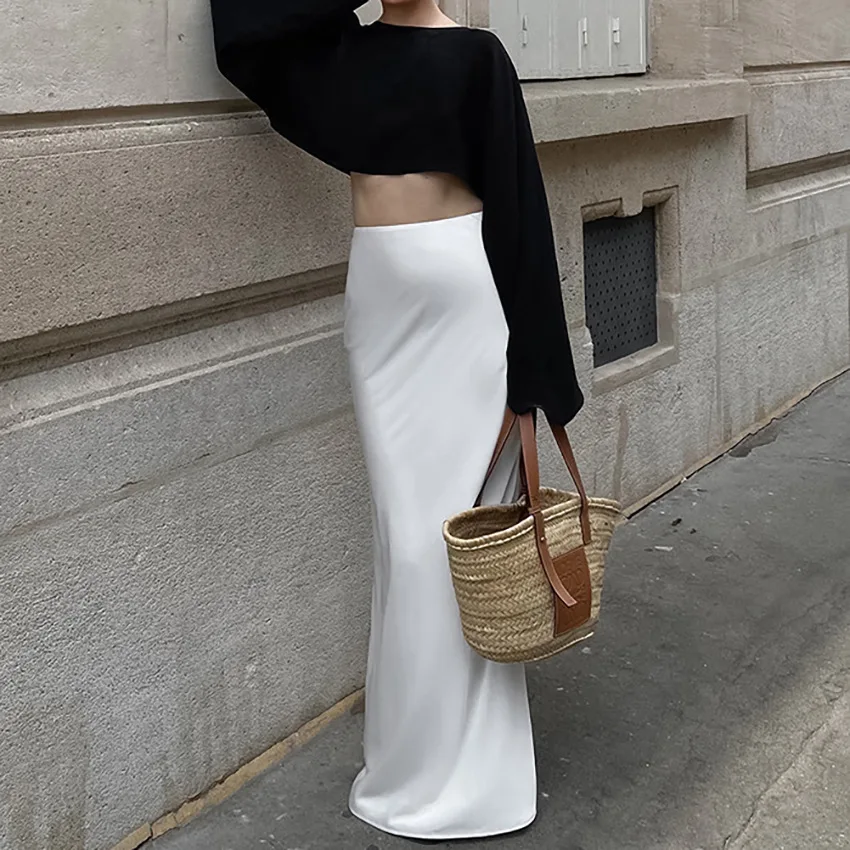 Falda larga elegante de cintura alta para mujer, de satén, elegante, a la moda, con cremallera y retazos, estilo Y2k, informal, de verano