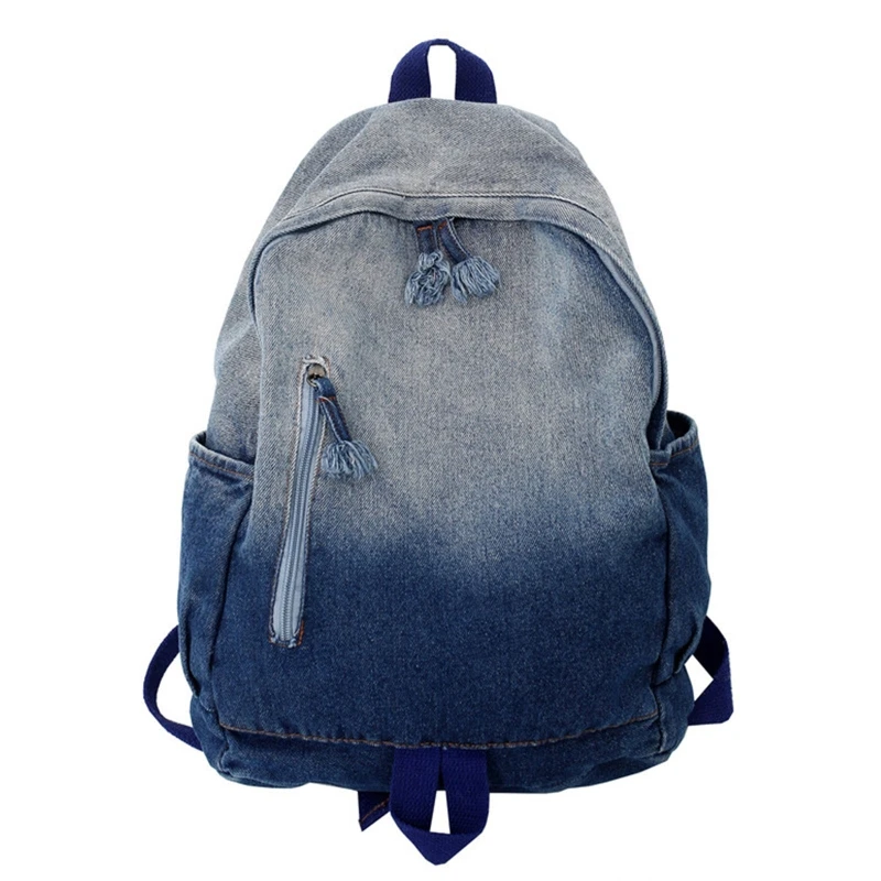 

Vintage Denim Daypack Zipper Backpack Large Capacity Rucksack Double Shoulder Bag Schoolbag for Vacation Travelling