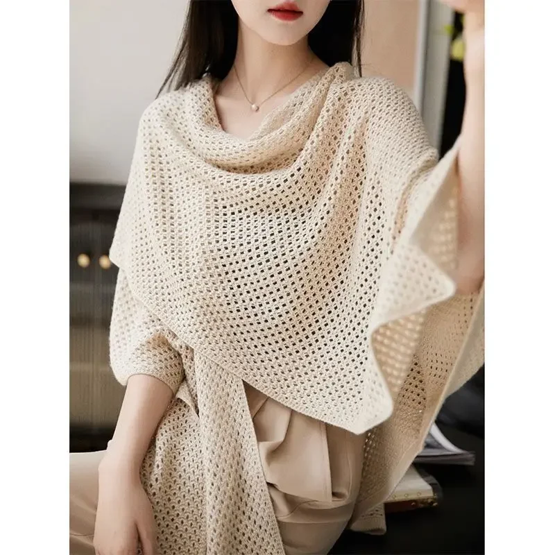 

Solid Hollow Out Poncho Women Fashionable Round Collar Shawl Cardigans Female Fall Winter Casual Sweaters Cape Coat T274