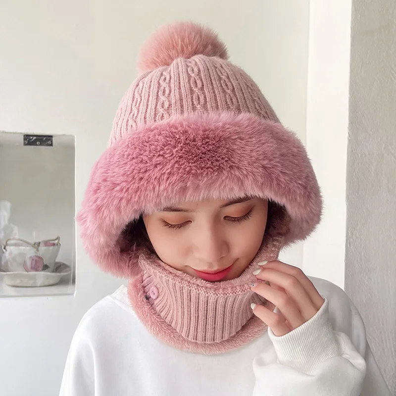 Winter Warm Fleece Lined Mask Beanies With Hairball Knitted Balaclava Hats Outdoor Cycling Windproof Hooded Neck Gaiter