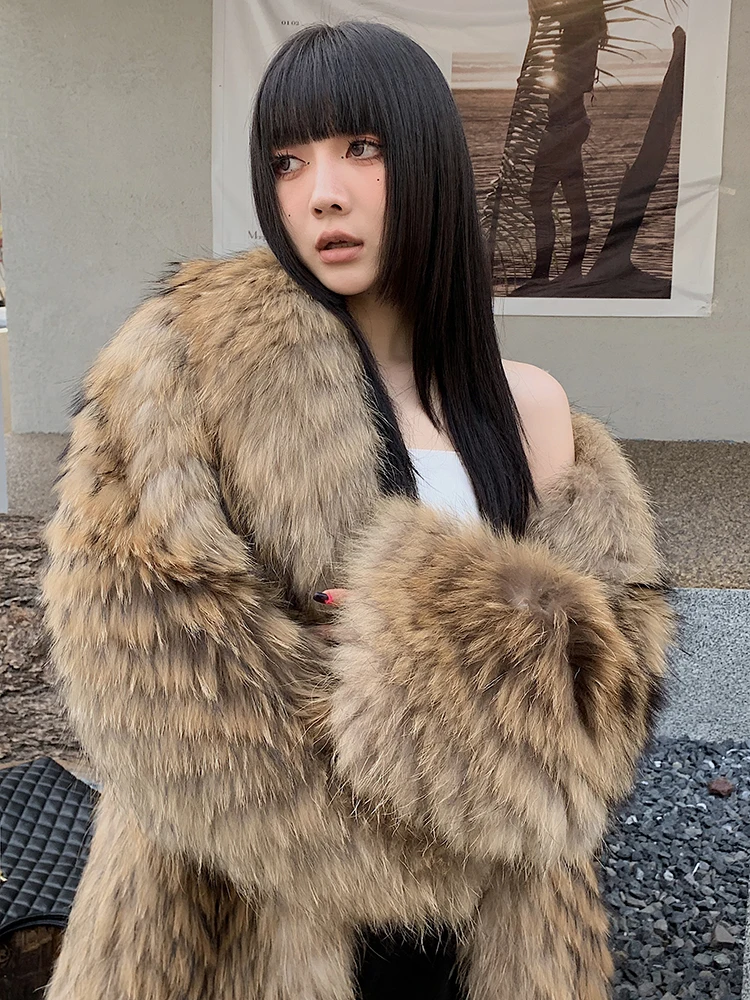 

2023 Hot Sale Luxury Clothes Winter New Imported Raccoon Fur Coat Women's X-Long Natural Fluffy Fur Jacket Ladies Fashion Street