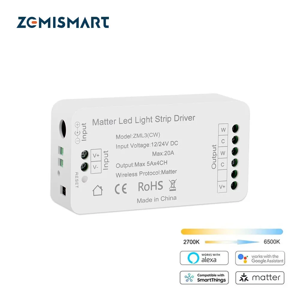 Zemismart Matter Wifi Ww Cw Led Light Strip Controller Smart Led Driver 2700K 6500K Alexa Google Home Smartthings Controllo App
