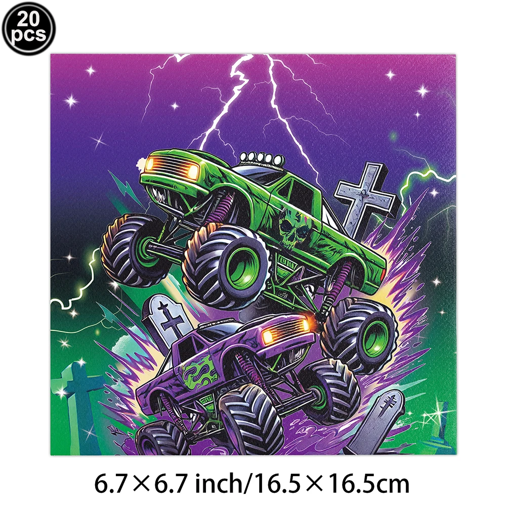 Monster Truck Racing Disposable Tableware Kid Birthday Table Decorations Paper Plate Cup Napkin Monster Truck Wheel Tire Balloon