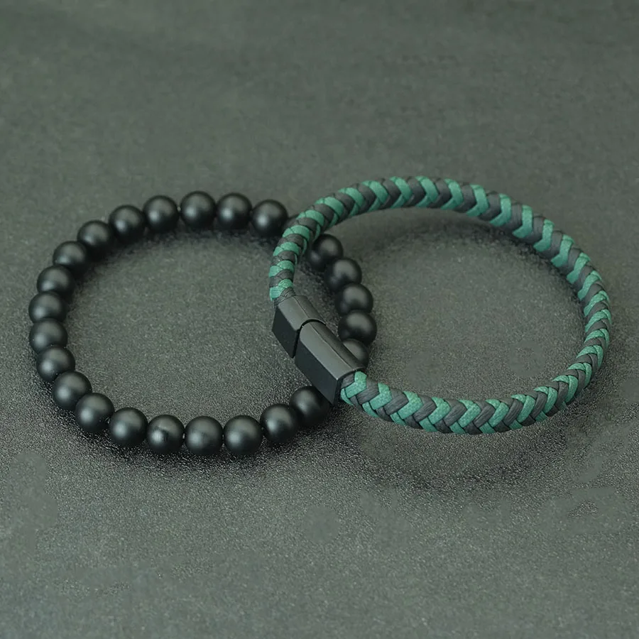 Onyx Stone Leather Men Bracelet Handmade