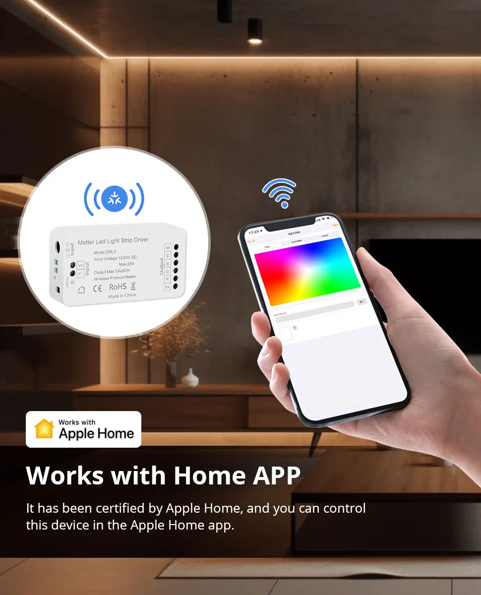 Matter Over WiFi LED Strip Light Driver RGBCW with Wireless Switch ACDC Adapter