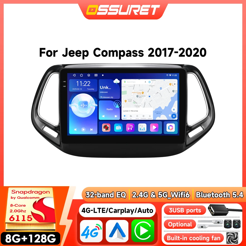 Radio para Auto Android 2Din de 8 Núcleos para Jeep Compass 2017-2020, Reproductor Multimedia con GPS, Carplay Inalámbrico, con Qualcomm Snapdragon 6115 1