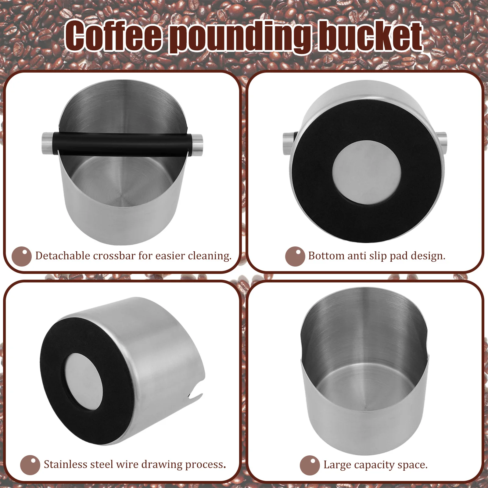 Coffee Knock Box Stainless Steel Espresso Knock Box Non Slip Coffee Ground Knock Box with Rubber Ring Beveled Coffee Ground Bin