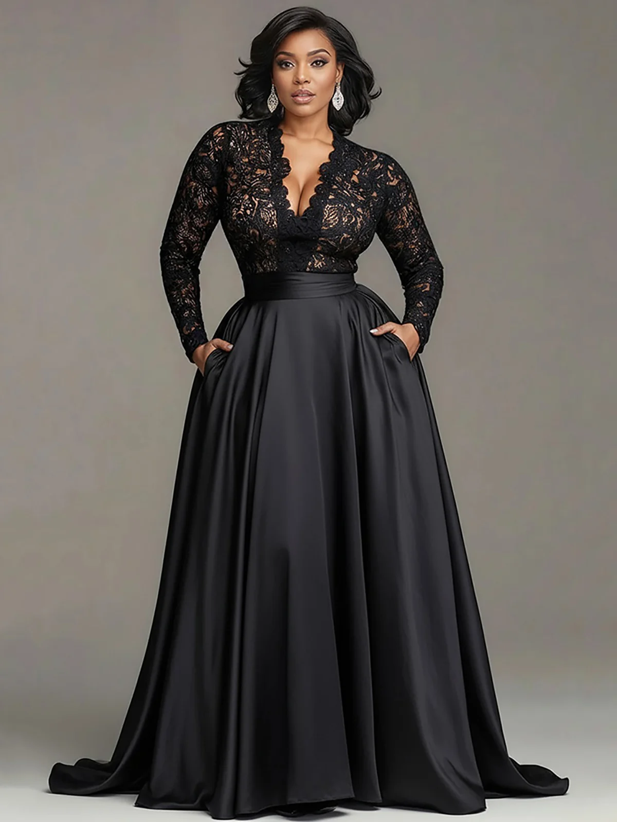 Women’s Sexy Lace Hollow Out Luxury Evening Dress Black V-Neck Long Sleeve Cocktail Party Plus Size Wedding Guest Maxi Dresses