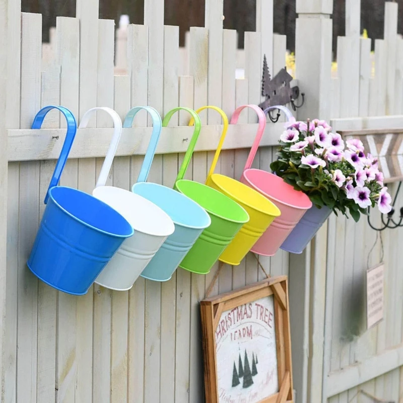 

10pcs Metal Iron Hanging Flower Pots Balcony Planter with Detachable Hook for Fence Garden Decorations Flower Bucket
