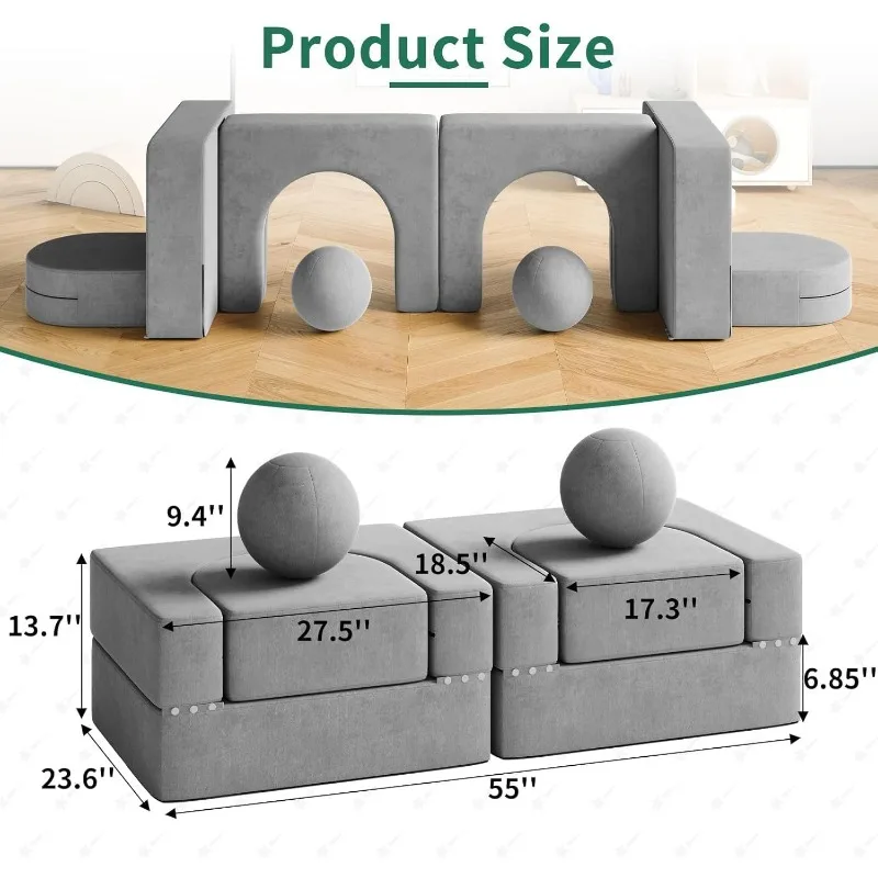 8 Pcs Kids Couch Fold Out Toddler Couch Building Fort with Balls Convertible Kids Floor Sofa and Foam Couch for Boys and Girls 2