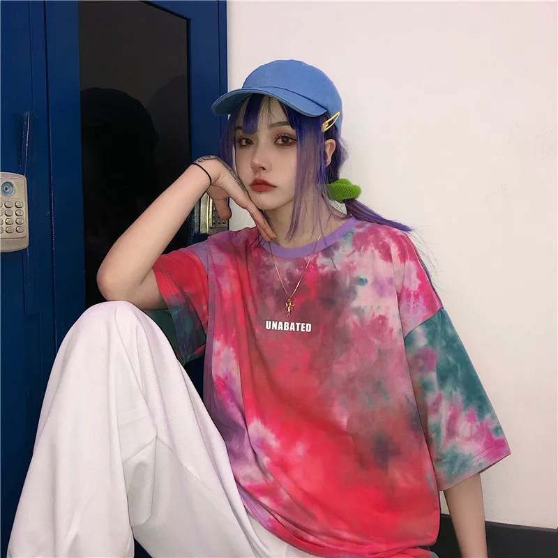 

Y2K Tie Dye Print Tees Women Gothic Punk Loose Tshirt Tops Harajuku High Street Hip-hop Fashion Korean Tshirt Women Oversize Top