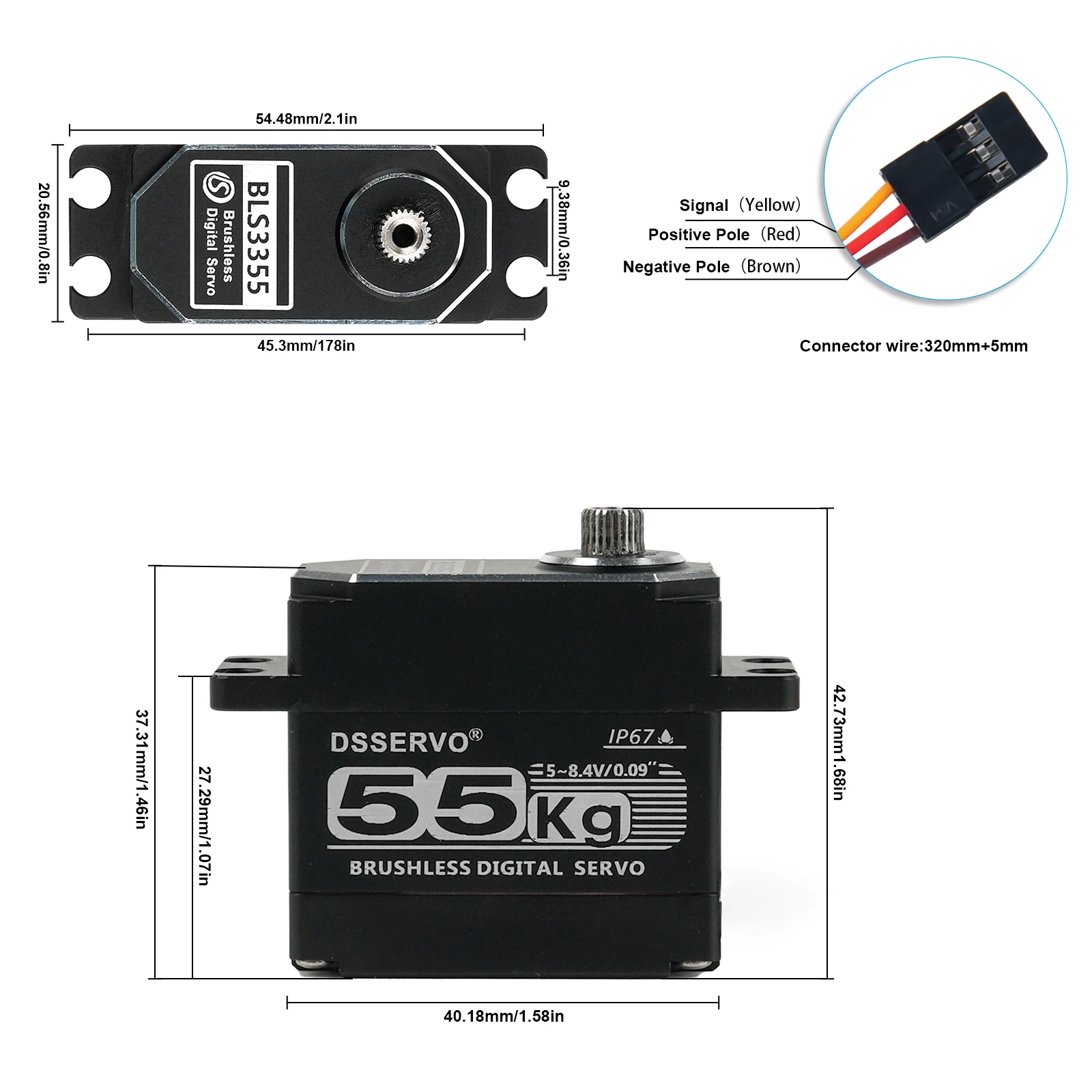 BLS3355 7.4V 55kg Digital Servo High Speed Brushless Motor Servo 180/270/360 IP67 All Metal for 1:8 1:10 1:12 RC Car Robot