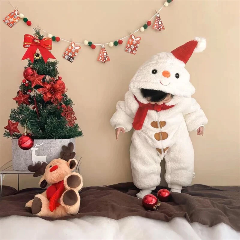 Baby Christmas Snowman Onesie Infant Warm Plush Jumpsuit with Hooded Hat Xmas Costume