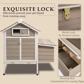 Outdoor Chicken Coop with Removable Trays, Wooden Rabbit Hutch and Poultry Cage featuring Nesting Box, Suitable for Indoor Hen H 3