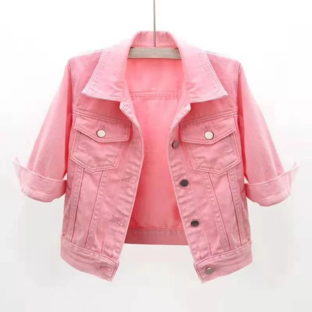 Women Spring Autumn Denim Jacket Tops Pink Color Solid Short