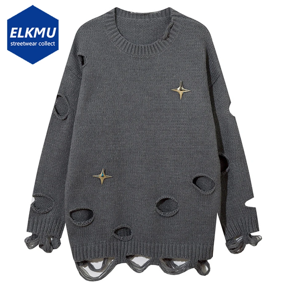

Hip Hop Ripped Sweater Men Loose Harajuku Y2K Sweaters Knitted Pullver Oversized Streetwear Sweater Jumper Knitwear Black Gray