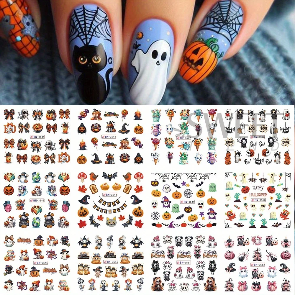 12pcs Halloween Print Water Nail Sticker Spooky Ghost Pumpkin Skull Bat Transfer Sliders Watermark Holiday Manicure Accessories