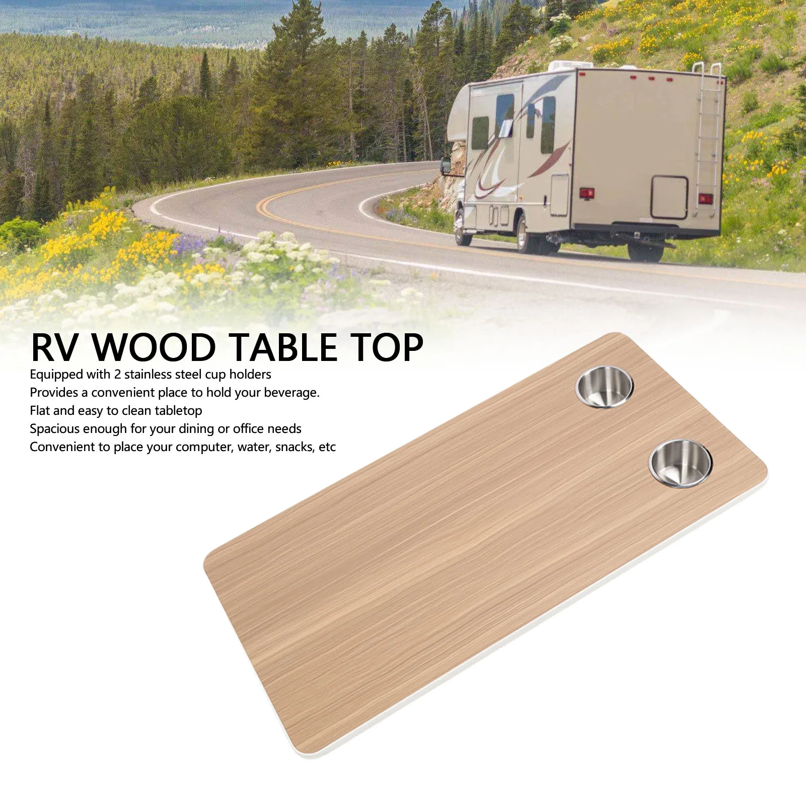 Rectangular RV Table Top with 2 Cup Holders Metal Sealed Edges Marine Table Top 31.49x15.74in for Trailer Motorhome Yacht Deck