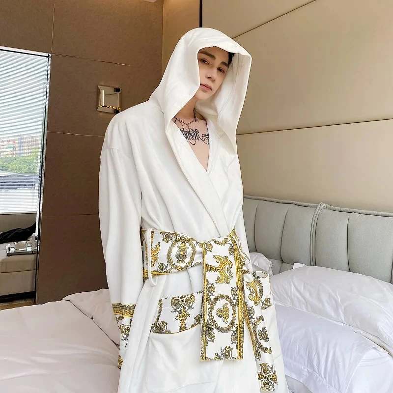 Cardigan Coat Men Loose Long Hooded Velvet Nightgown Robes Belted For LUZHEN