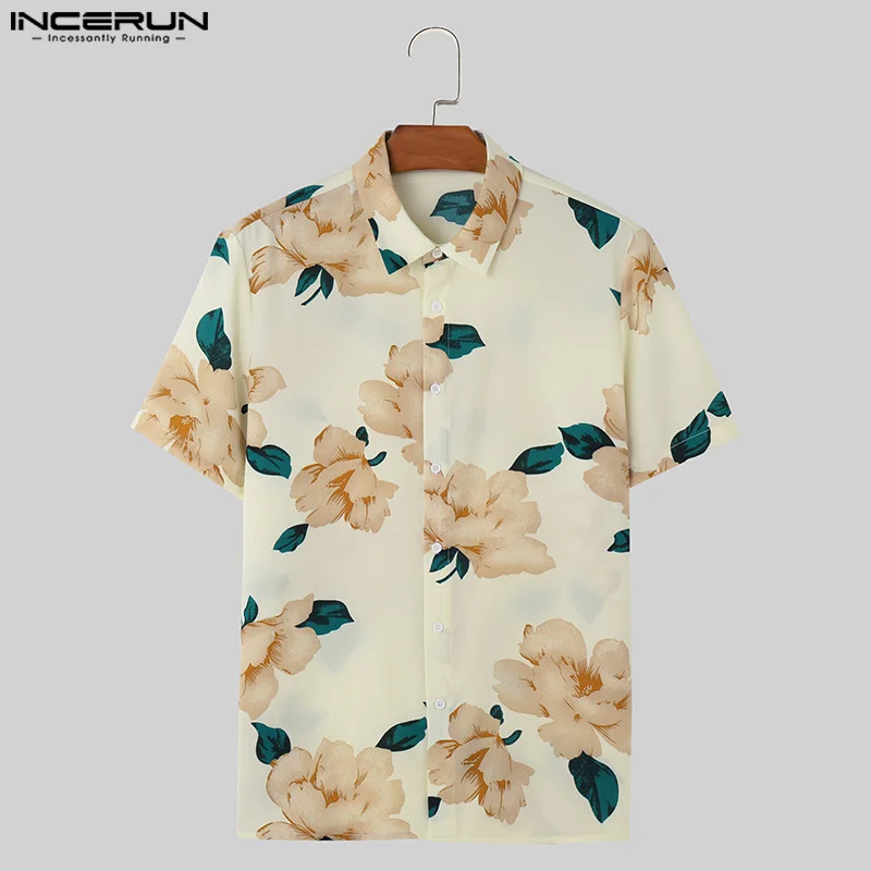 

INCERUN Tops 2024 Stylish Casual Mens Rose Pattern Print Design Shirts Leisure Personality Male Lapel Short Sleeved Blouse S-5XL