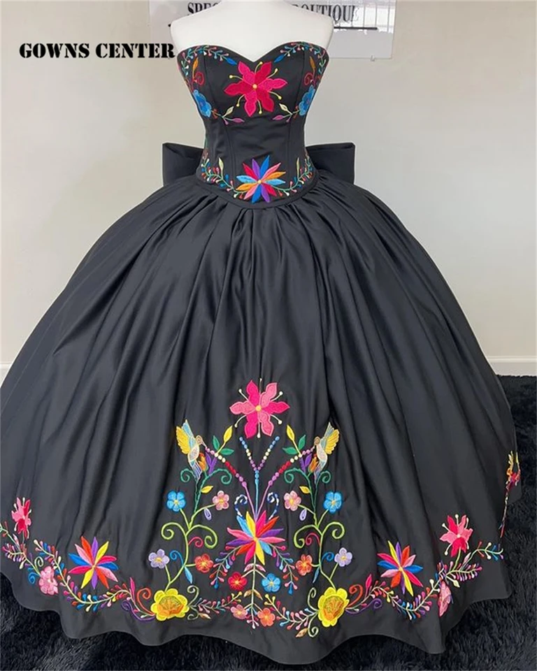 princess polly baby blue dress Vintage Mexican Embroidery Black Quinceanera Dresses With Bow Ball Gown  Birthday Gown Lace-Up Sweet 16 Dresses Customized
