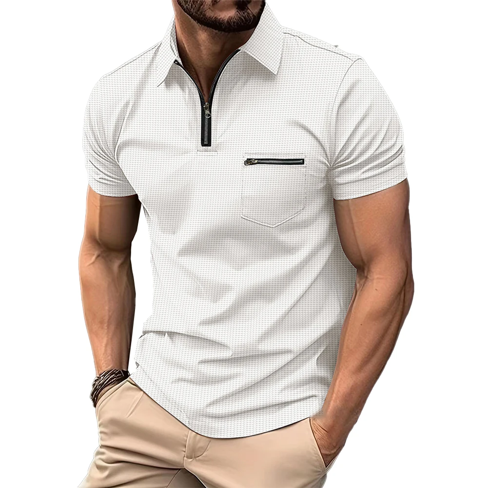 

Comfy Fashion Leisure Mens Shirts Muscle T-shirt Workout Blouse Zip Collar Pullover Shirts Short Sleeve Slim Fit