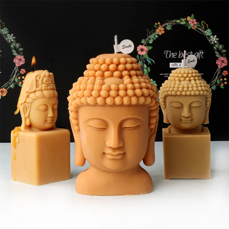 Buddha Head Silicone Mold Handmade Avalokitesvara Buddha Head with Base Gypsum Resin Mould DIY Chocolate Ice Cube Baking Mould