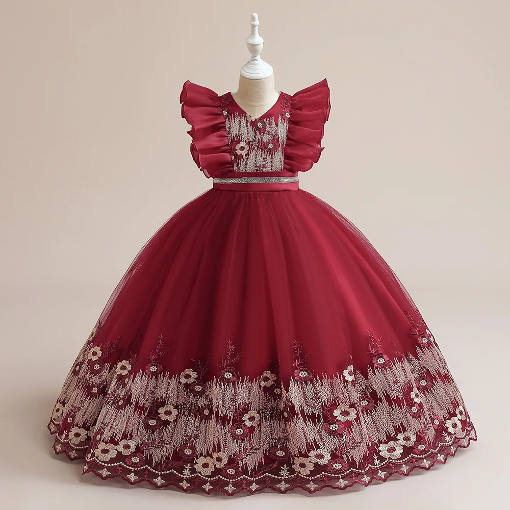 

4-14 Yrs Fancy Kids Cap Sleeves Dresses For Girls Teenager Girl Bridesmaid Wedding Party Dress Embroidery Princess Gowns