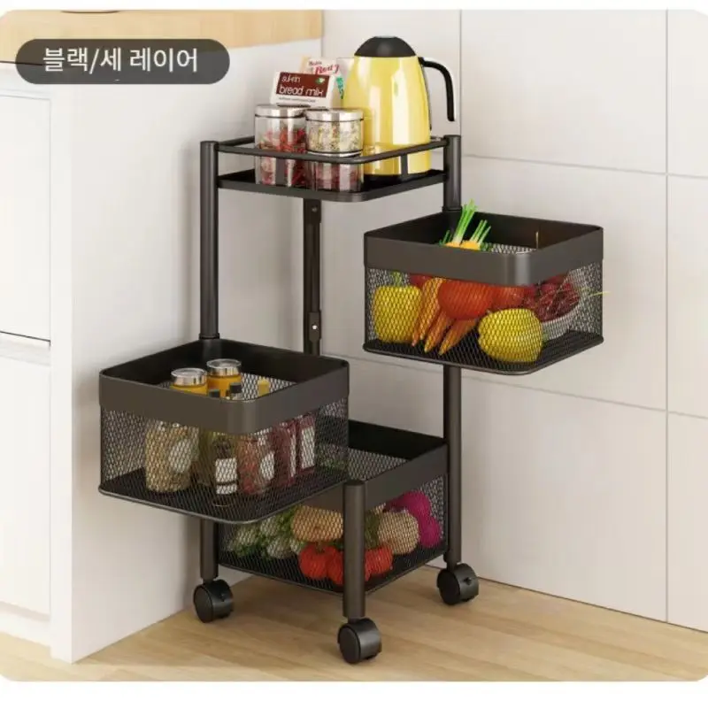 주방 야채 보관 랙, 실내 바닥 가정용 간식, 과일 이동식 사각형, 회전 가능, 3 층