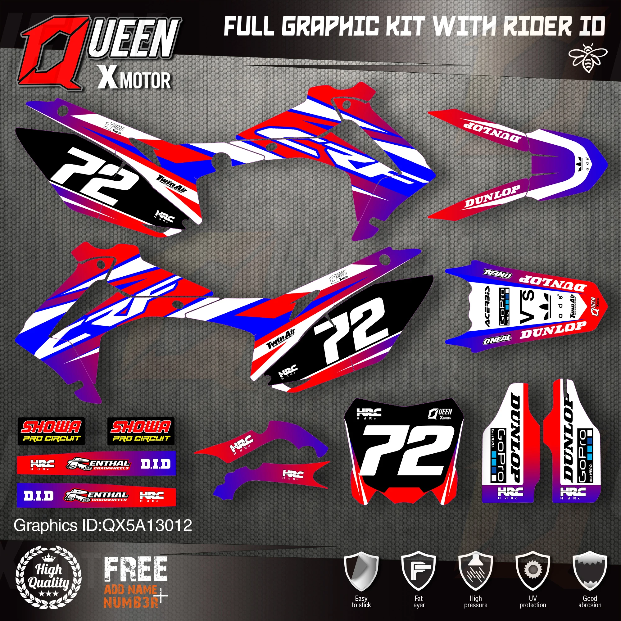 

QUEEN X MOTOR Custom Team Graphics Backgrounds Decals Stickers Kit For HONDA 2014-2017 CRF250R 2013-2016 CRF450R 012