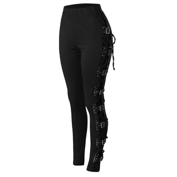 Punk Gothic Black Pants for Women Y2k Streetwear Rivet Lace Up Slim Pants High Waist Leggings Full Length Trousers Sweatpants 3