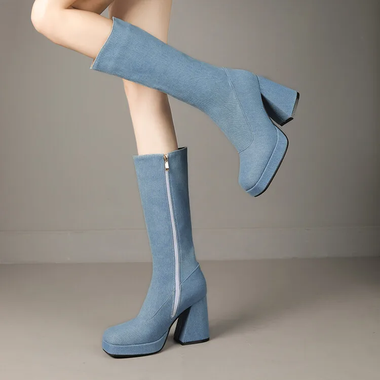 

Blue Denim Boots Block High Heel Dance Shoes Autumn Winter New Women Long Boots