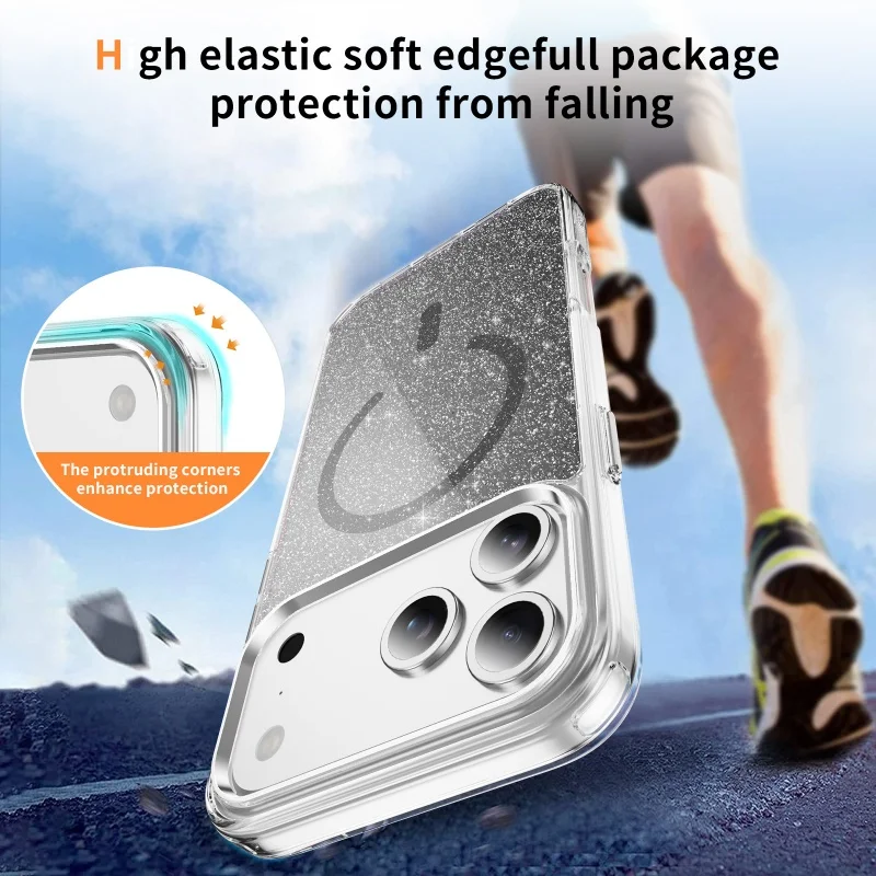 Glitter Clear MagSafe Magnetic Phone Case with Alloy Buttons and Anti-Fall Protection