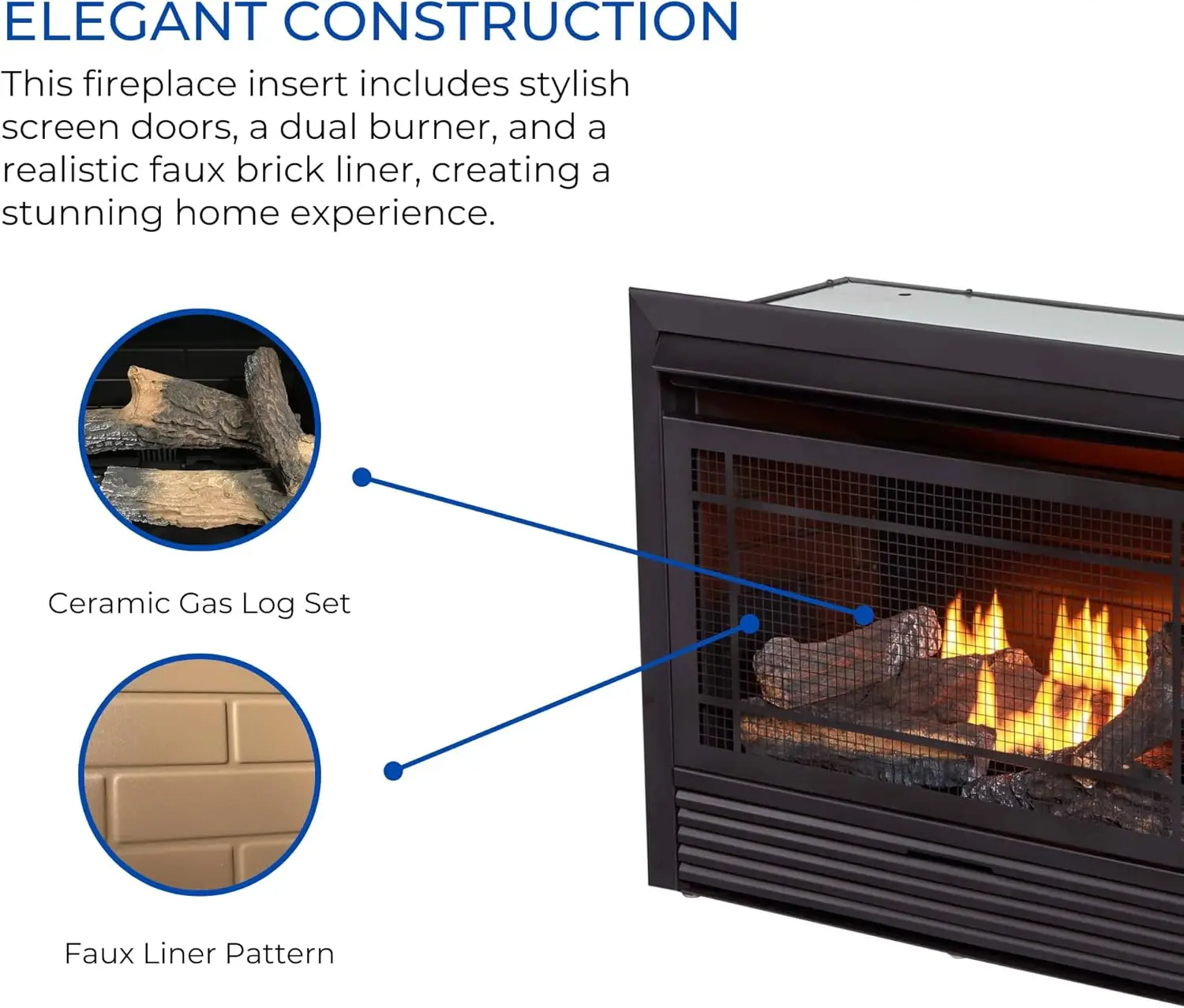 Ventless 26,000 BTU Heats 1,350 Square Feet Dual Fuel No-Clearance Gas Fireplace Insert with Remote Control, Black 2