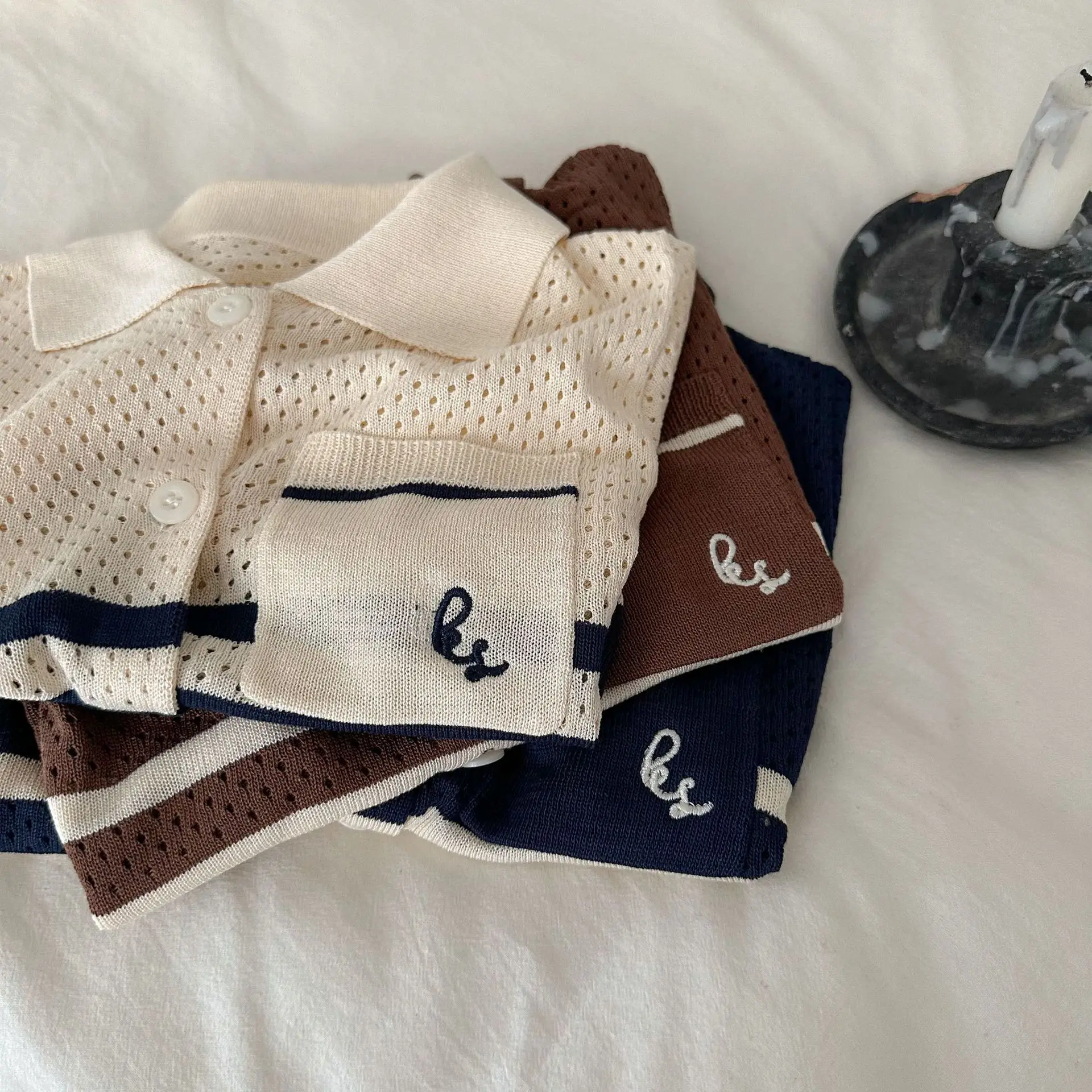 아동용 아이스 실크 니트 가디건,  메쉬 반팔 스웨터, 남아 여아 2024 여름 신상