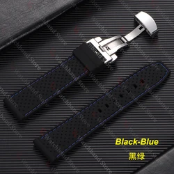 Premium Waterproof Silicone Watch Band with Butterfly Buckle - Breathable Rubber Strap Replacement - 22mm (Black - Blue)