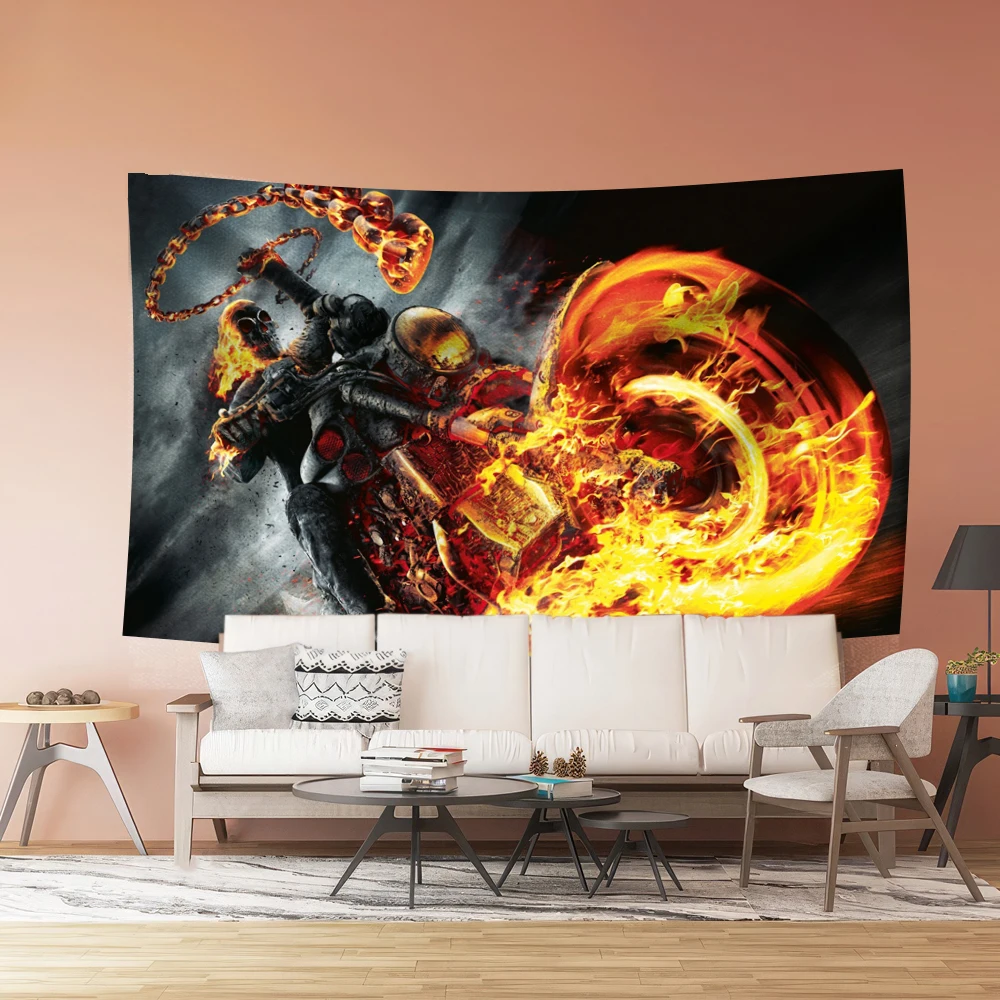 Skeleton Knight Fire Full Body With Moto Background Decoration Wall Tapestry Polyester Material Home Bedroom