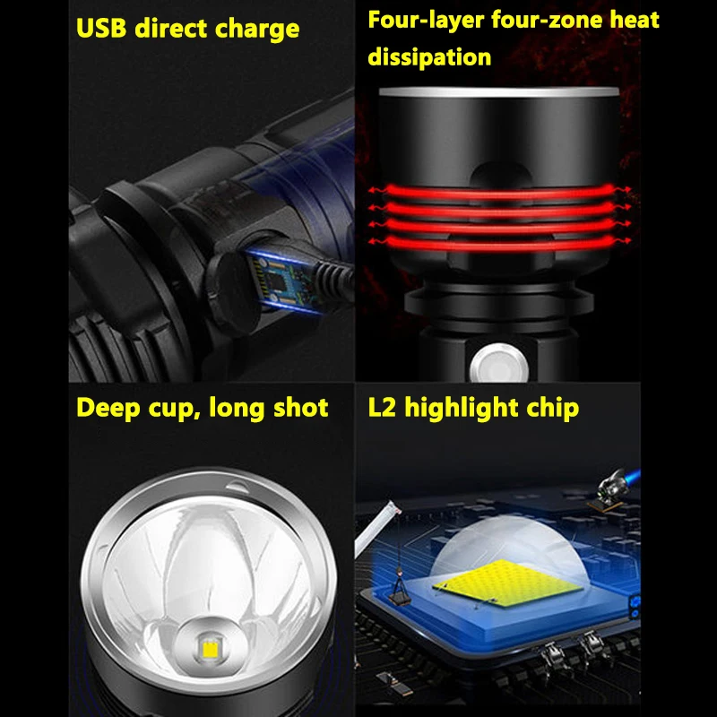 P70 Super Bright Led Flashlight High Power Camping Light USB Rechargeable Flashlight Waterproof Light Long Battery Life