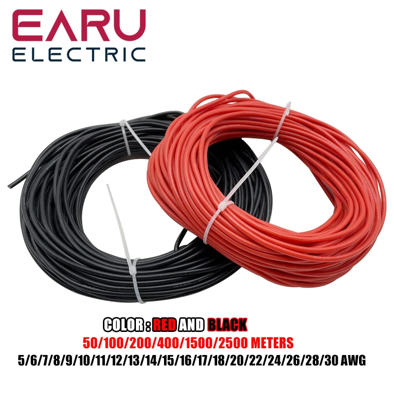 Earu 26AWG 100/200/400Meters/roll Heat-resistant Soft Electrical Silicone Wire Cable5 6 8 12 14 16 18 20 22 24 26 28 30 AWG Red Black Color