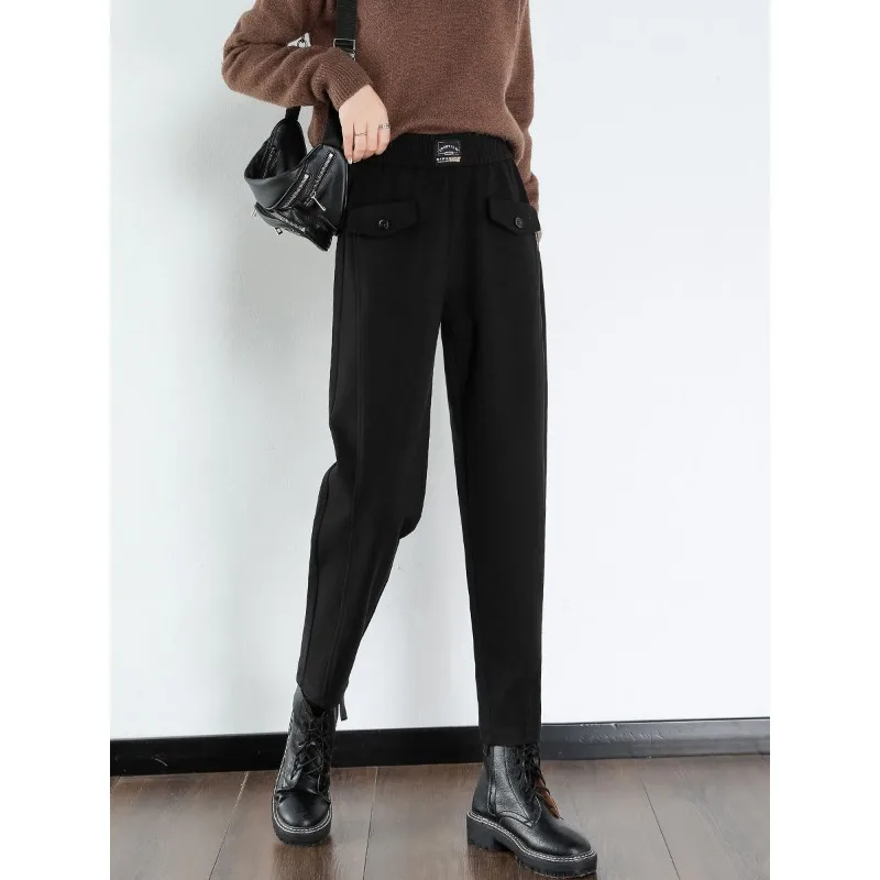 Autumn and Winter Women's Solid Colors Slim Button Classic Halun Pants High Waist Woolen Appear Thin Fashion Commuter Trousers
