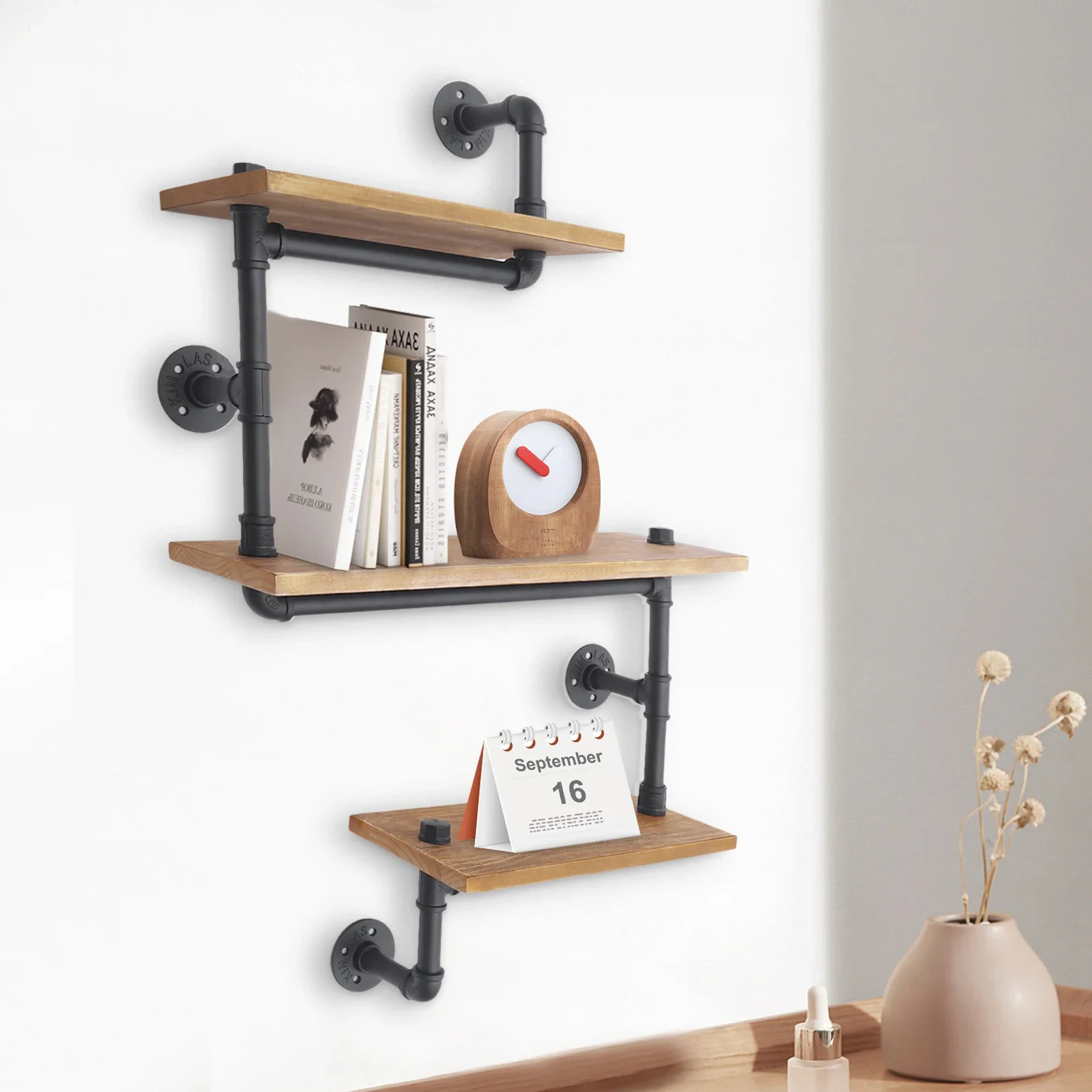 3-Shelves Vintage Industrial Pipe Wall Shelf Bracket Wooden Bookshelf Kitchen Shelf Brown Wall Mounted Pipe Design Bookcases