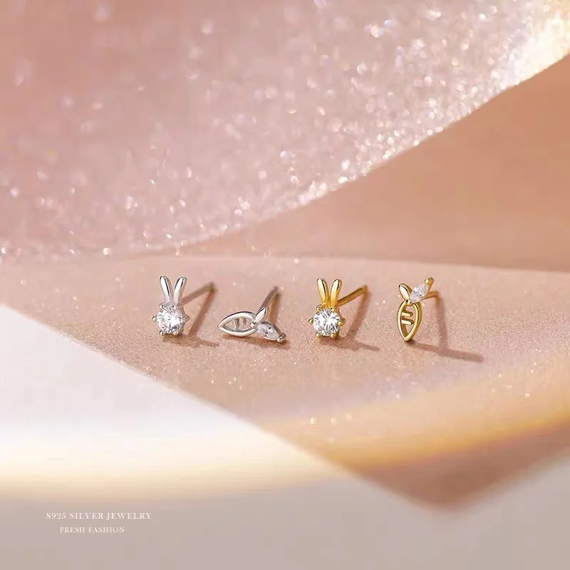 

Silver Plated Copper Women Earings Bunny Radish Crystal Butterfly Zircon Sweet Cute Female Prevent Allergy Stud Earrings Jewelry