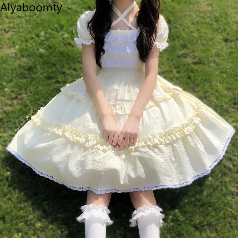 Vestido de fiesta de princesa Lolita japonesa, Color caramelo, lazo de encaje, Negro, Rosa, rojo, amarillo, bonito vestido Kawaii con volantes en capas|Vestidos| - AliExpress