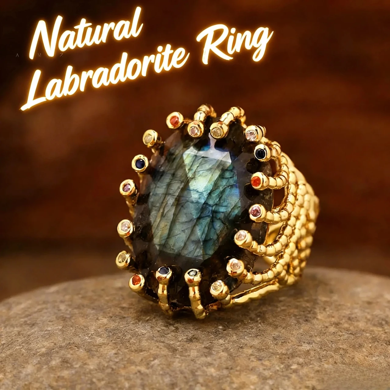 Luxuriöser Vintage-Edelsteinring 18K Vergoldeter Damenring Natürlicher Kristall Labradorit-Ringe Täglicher Schmuck Geschenk Juwelen