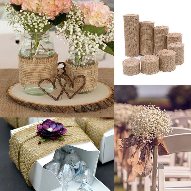 2M/Roll 3-30CM Natural Jute Burlap Ribbon Rustic Hessian DIY Crafts Hemp Material for Wedding Decoration XMAS Gift Wrapping Belt