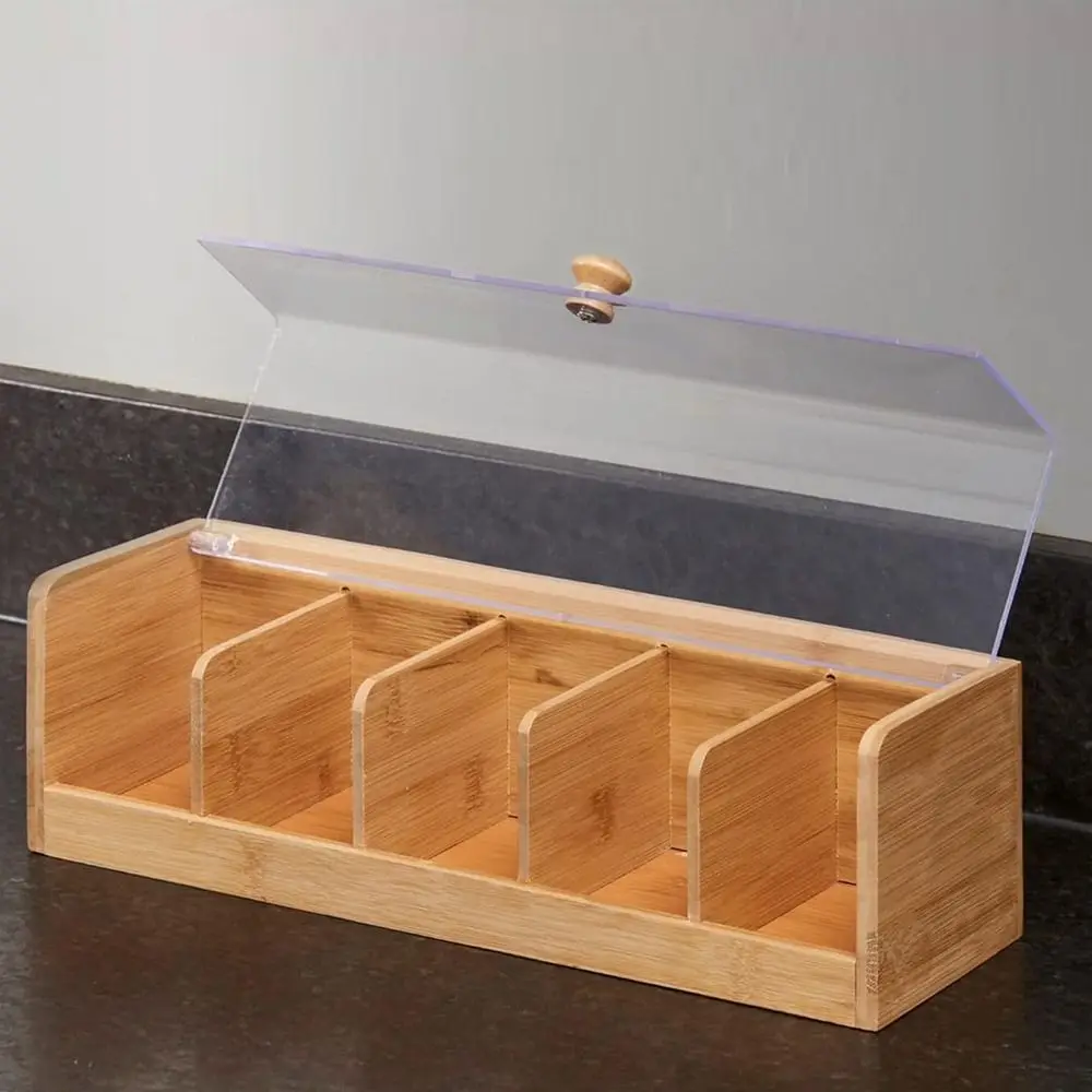 Description Picture 6 of item5 Slots Tea Bag Storage Organizer Bamboo Space Saving Coffee Capsule Storage Box Transparent Handmade Desktop Sundries Organizer