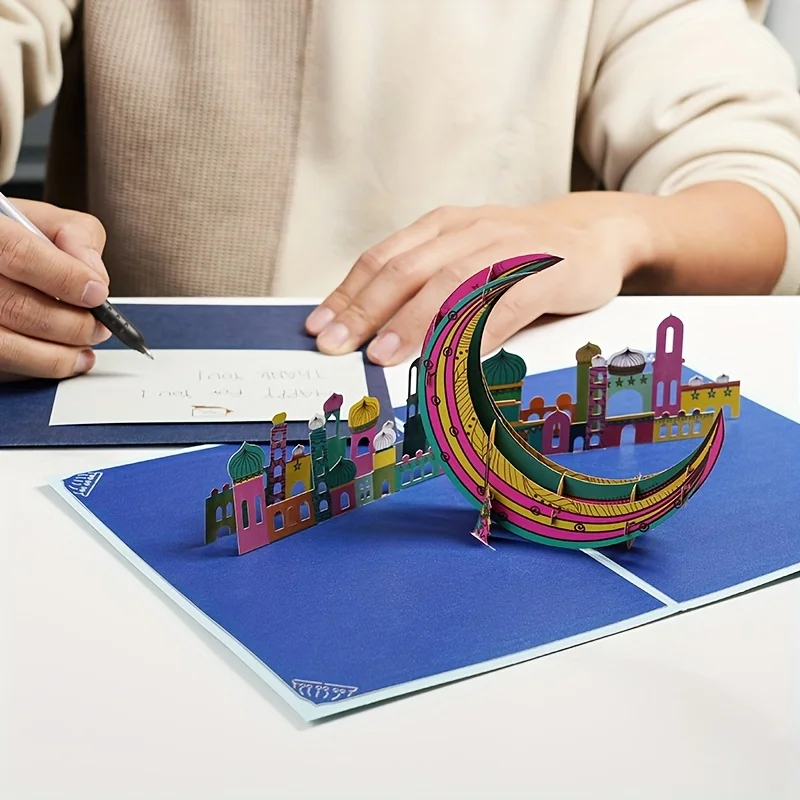 3D Muslim mosque three-dimensional greeting card Festival Moon Eid handmade paper carved card Eid Ramadan greeting envelope