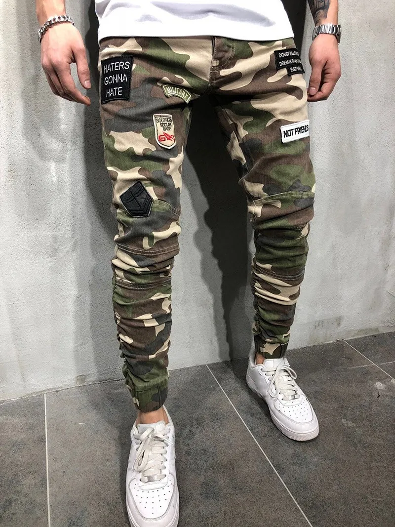Fashion Men Jeans Camouflage Military Army Denim Trousers Slim badge Cargo Pencil Pants Man Hip Hop Biker Joggers Hombre