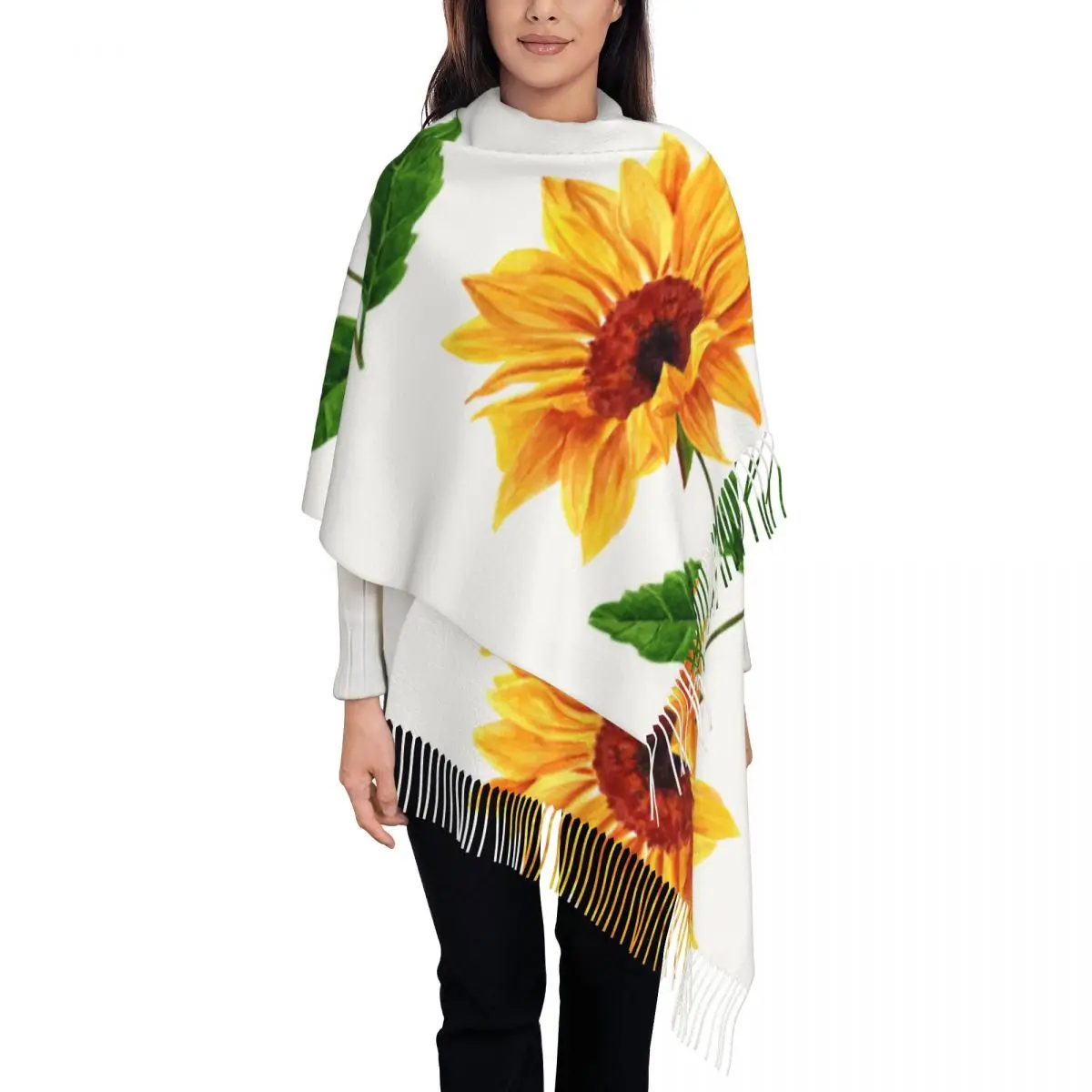 

Women Scarf Watercolor Yellow Sunflower With Green Leaves Winter Shawls Thin Wrap Lady Tassel Warm Scarves Hairy Bufanda Stole