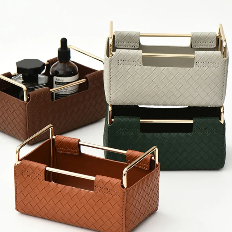 

Nordic Bathroom And Kitchen Organizer PU Leather Woven Cosmetic Organizer Storage Box Makeup Brush Holder Sundries Basket